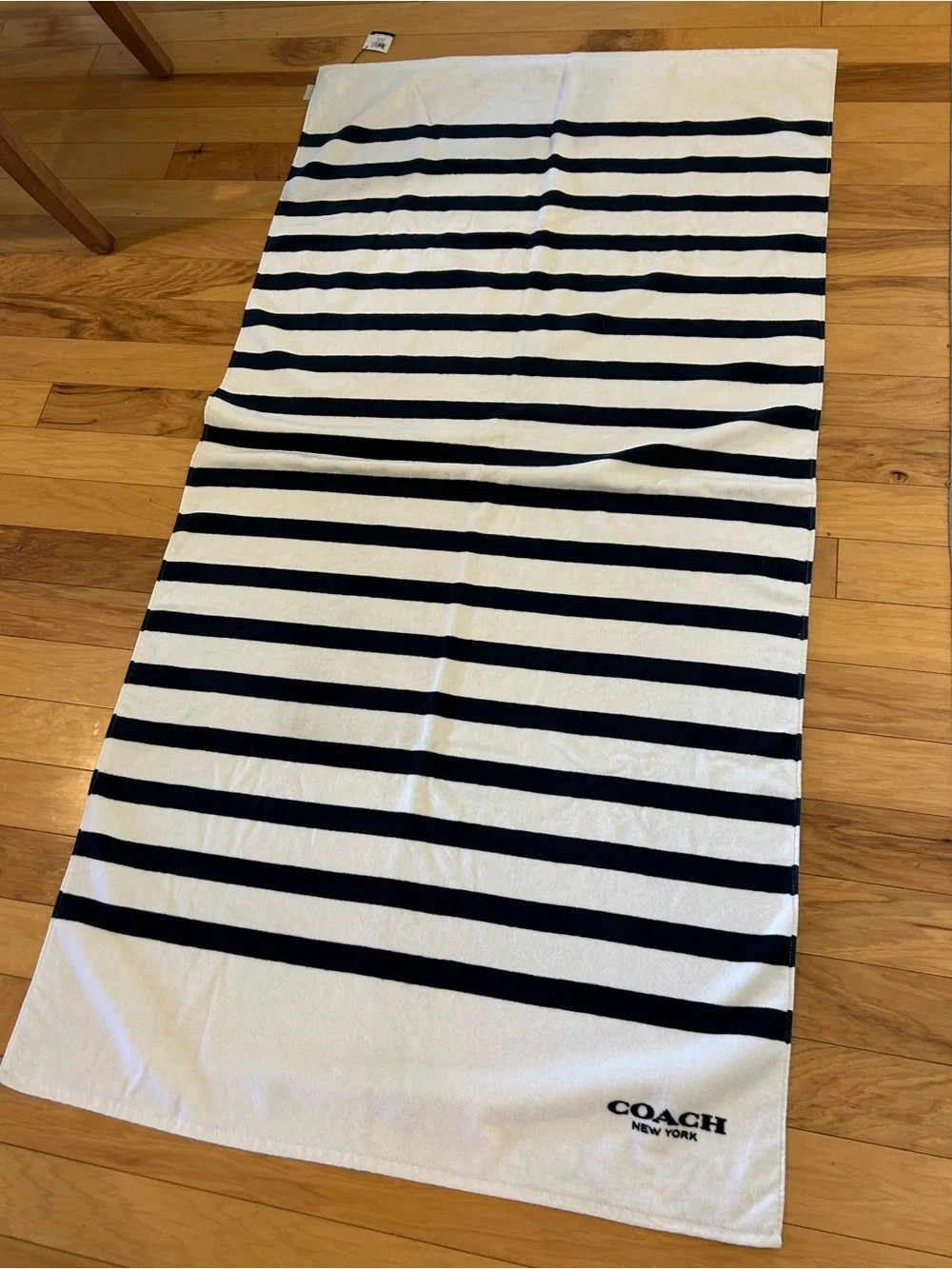 NWT Coach Striped Oversized Beach Cotton Towel in White and Navy